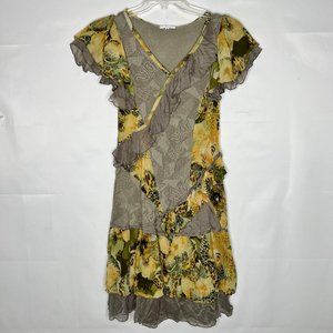 Milano Moda Woman’s Dress Sm See through Animal Print Ruffles Gold & Taupe Cover